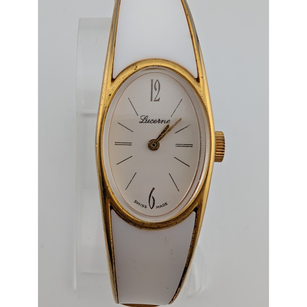 Vintage Lucerne Mechanical Watch Women 19mm Case White/Gold Bangle Band- Working